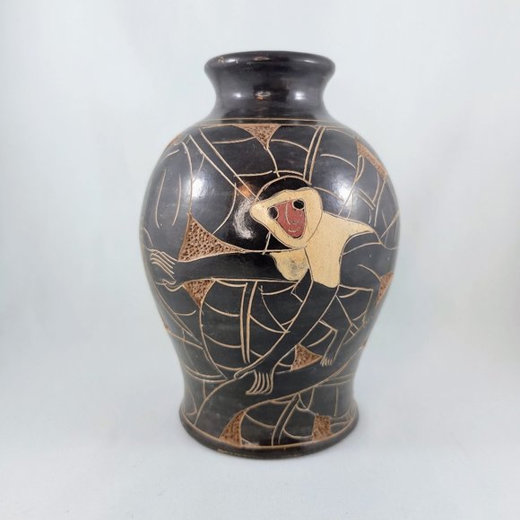 Vase Monkey Etched Pottery Signed Brown Animal Primate Home Decor Flowers Read - Picture 2 of 13